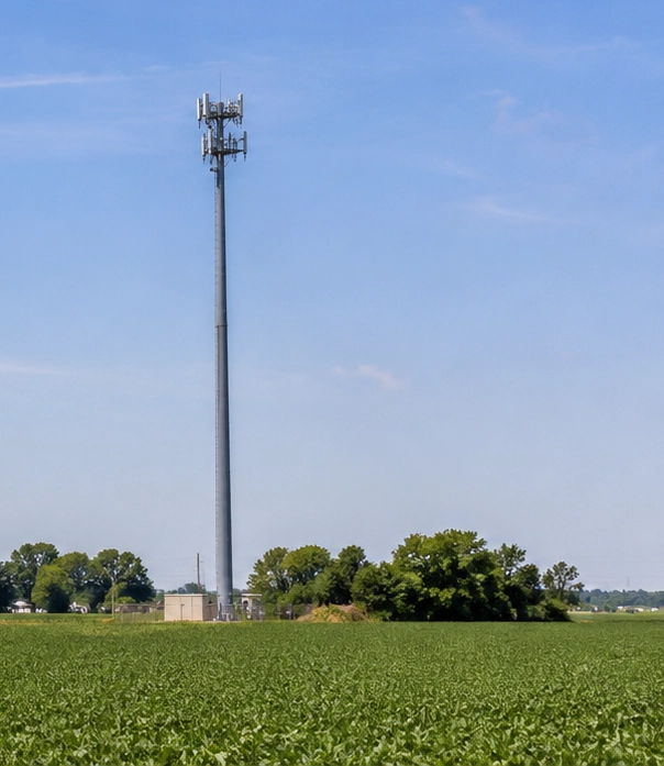 Cellular internet tower deployed in a rural agricultural field