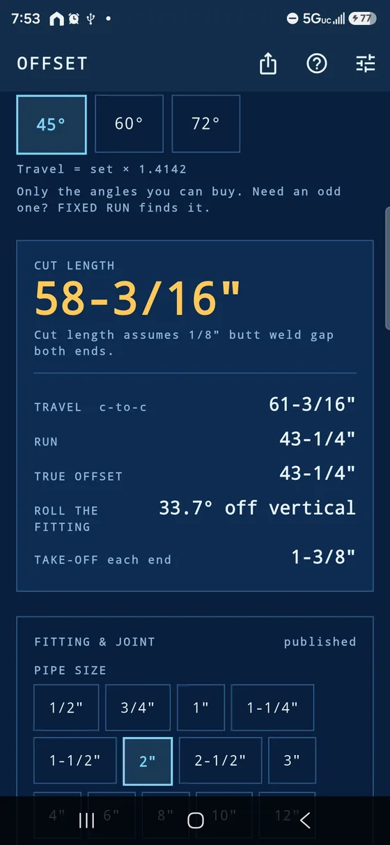Pipefitter Offset Calculator screenshot: cut length