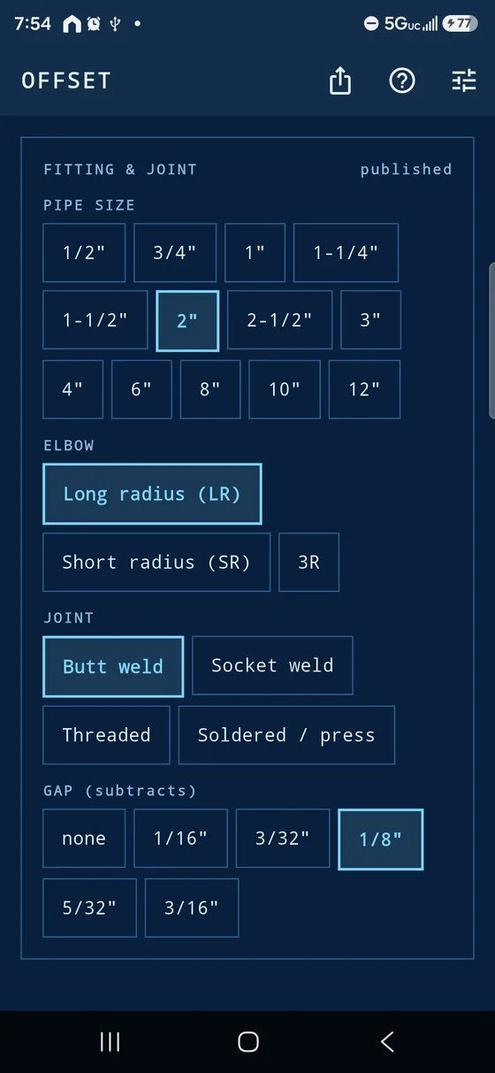Pipefitter Offset Calculator screenshot: fittings and gap