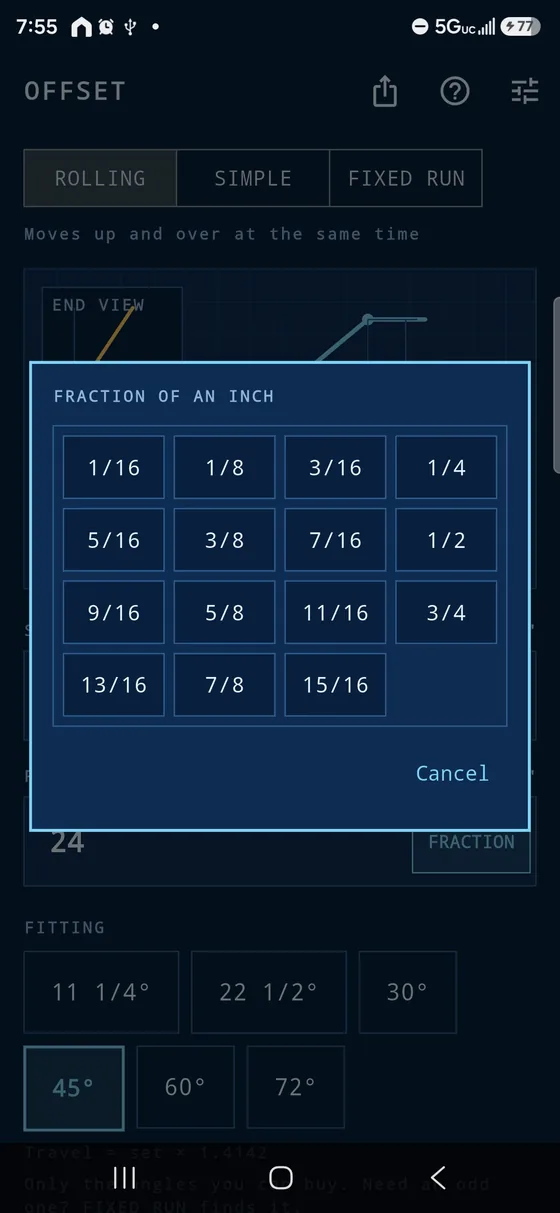 Pipefitter Offset Calculator screenshot: fractions
