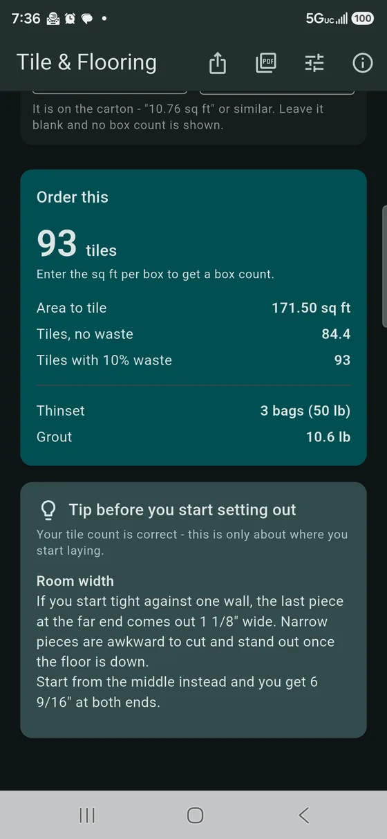 Tile & Flooring Calculator screenshot: order this