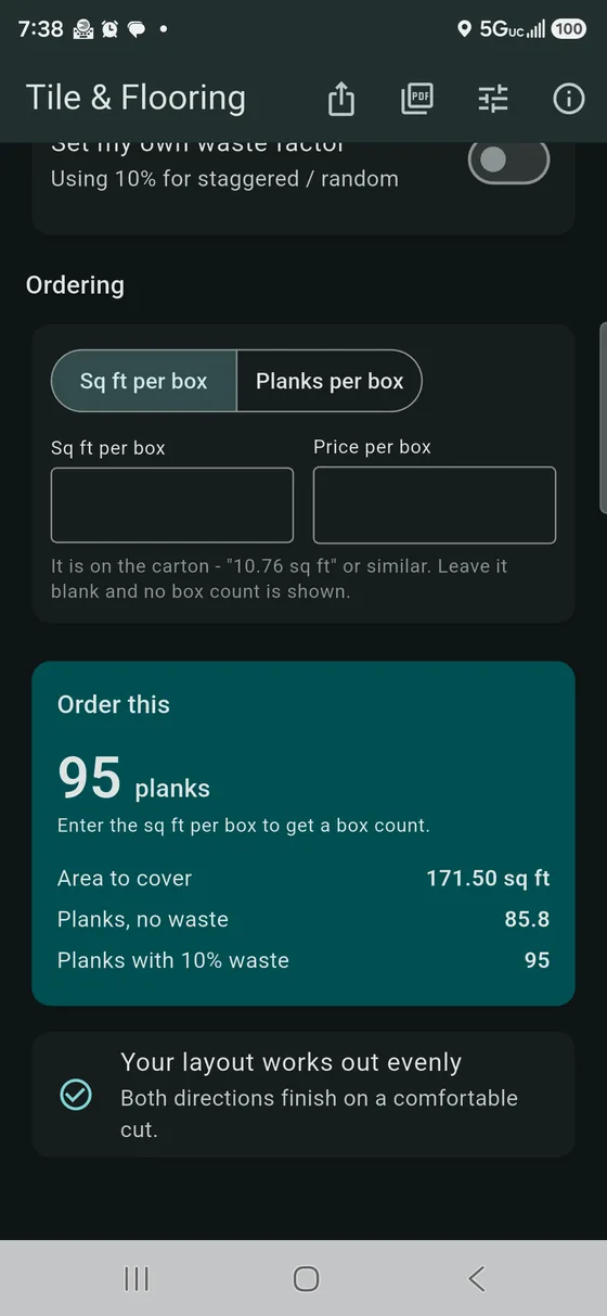 Tile & Flooring Calculator screenshot: plank and lvt