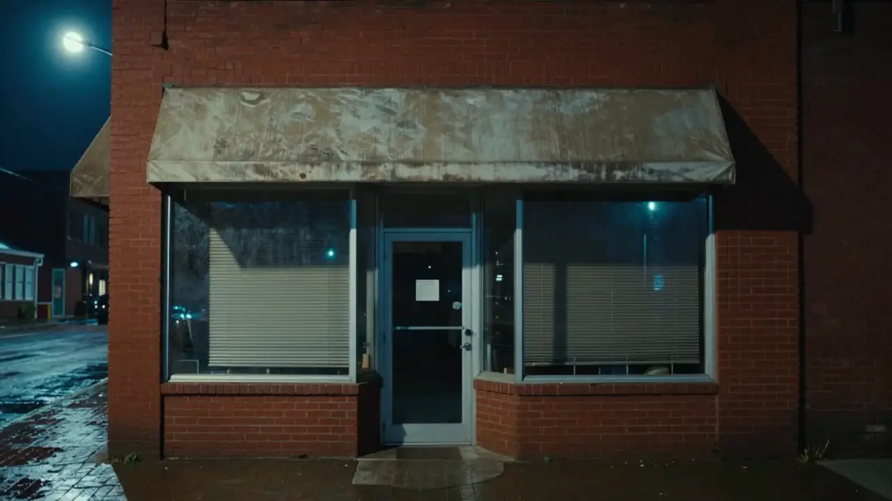 A small-town storefront at night, dark and closed, that lights up and opens as you scroll