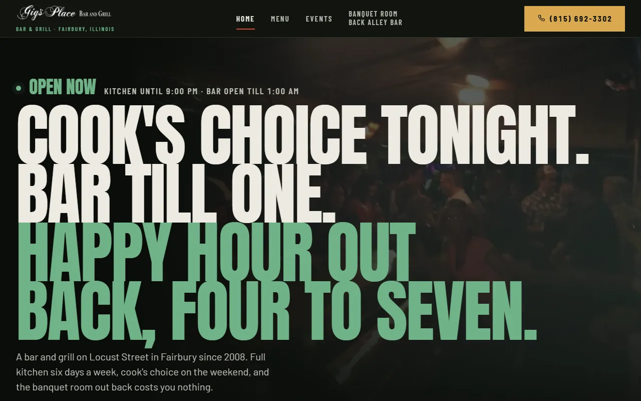 Gig's Place Bar & Grill website home page